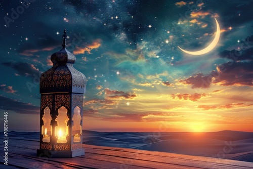 Foto An ornate Arabic lantern's warm light on a reflective surface, beneath a crescen