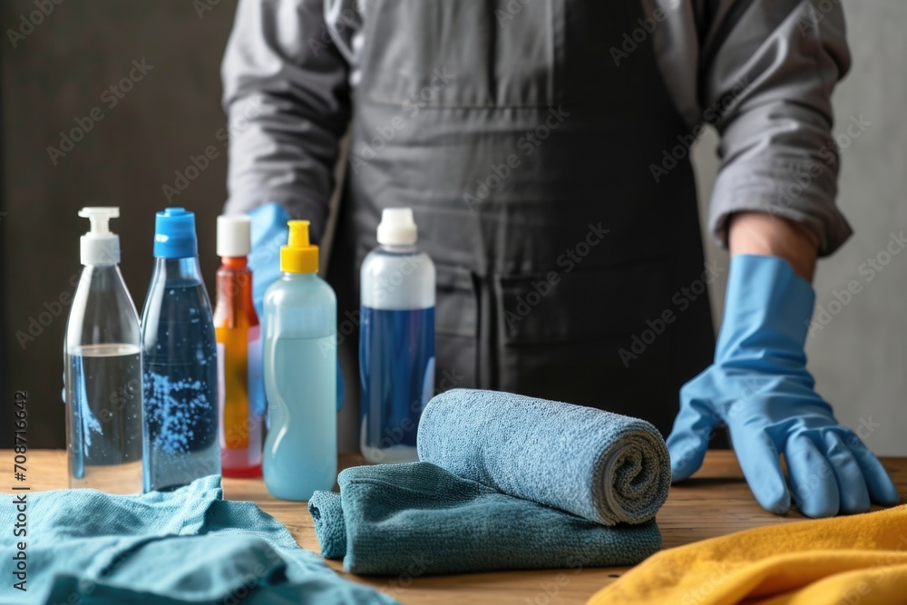 Man in gray attire prepares cleaning supplies for housework. Bottles of cleaning products, rubber gloves, and towels on a table suggest cleaning time