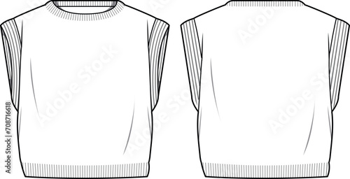 Women's Crop Knit Vest- Vest technical fashion illustration. Flat apparel vest template front and back, white colour. Unisex CAD mock-up.
