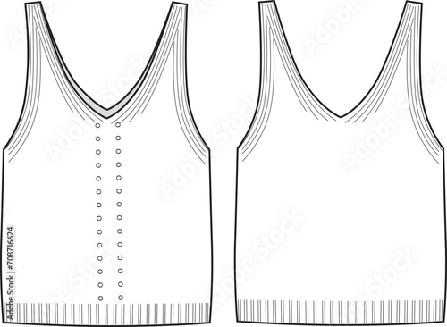 Women's V-Neck Vest Knit Tops. Technical fashion illustration. Front and back, white color. Women's CAD mock-up.