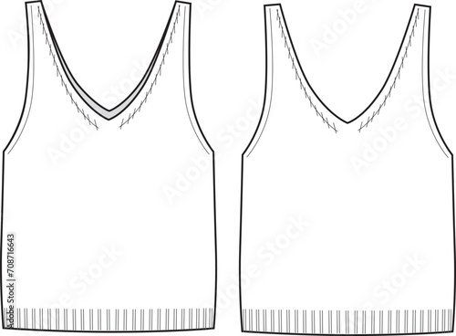 Women's V-Neck Vest Knit Tops. Technical fashion illustration. Front and back, white color. Women's CAD mock-up.