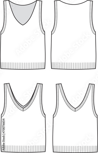 Women's V-Neck Vest Knit Tops. Technical fashion illustration. Front and back, white color. Women's CAD mock-up.