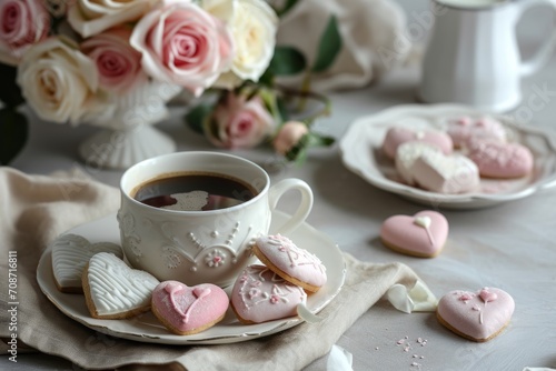 An inviting tea setting with heart-shaped cookies  a cup of coffee  and a white plate on a beige napkin
