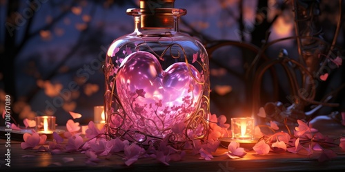 charming Valentine's Day concept featuring a bottle of love potion adorned with hearts. The bottle, perhaps labeled as a magical elixir or love potion 