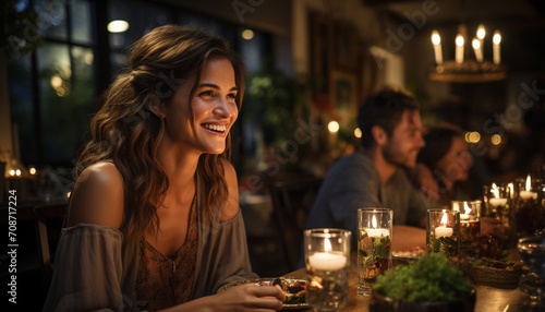 Young adults sitting at table, enjoying candlelit celebration, smiling generated by AI