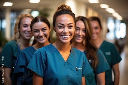 Happy multiethnic group of female nurses in blue scrubs