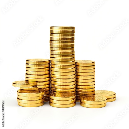 Stacks of gold coins of different heights on a white background