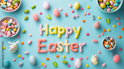 "Happy Easter" in a playful font surrounded by colorful candy on a pastel mint backdrop, Easter, pastel background, Flat lay, top view, with copy space