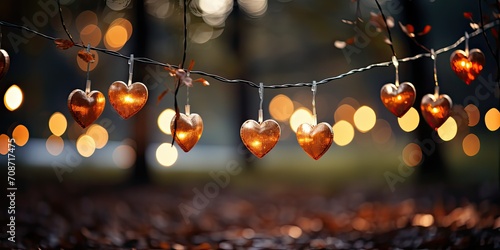 interplay of hanging hearts and bokeh lights creates a visually stunning backdrop that is perfect for expressing romantic sentiments on this special day.