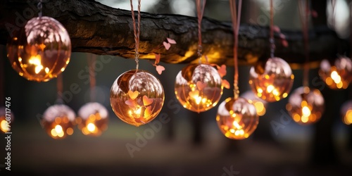 interplay of hanging hearts and bokeh lights creates a visually stunning backdrop that is perfect for expressing romantic sentiments on this special day.  photo