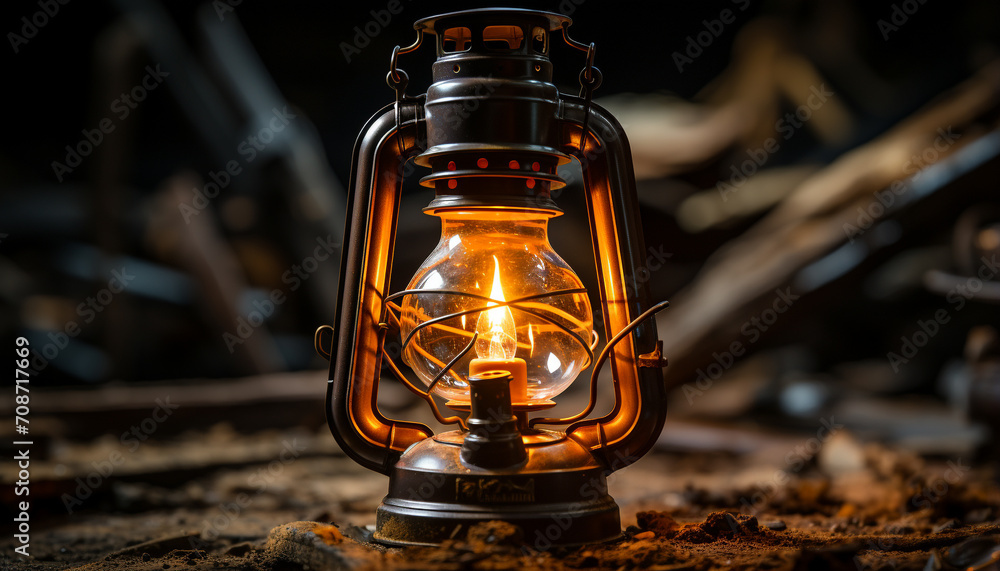 Glowing lantern illuminates dark forest with rustic, old fashioned