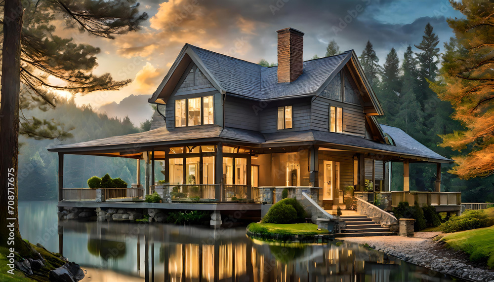 A gray ranch-style model house A gray ranch-style model house