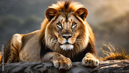 A lion is lying on the ground with its front paws on the jungle.