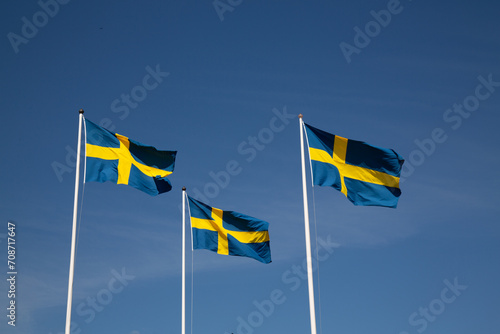 National elegance: three flags soaring under the clear sky