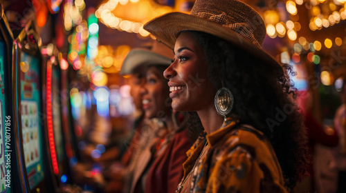 African American girl wearing a hat playing a slot machine in a casino