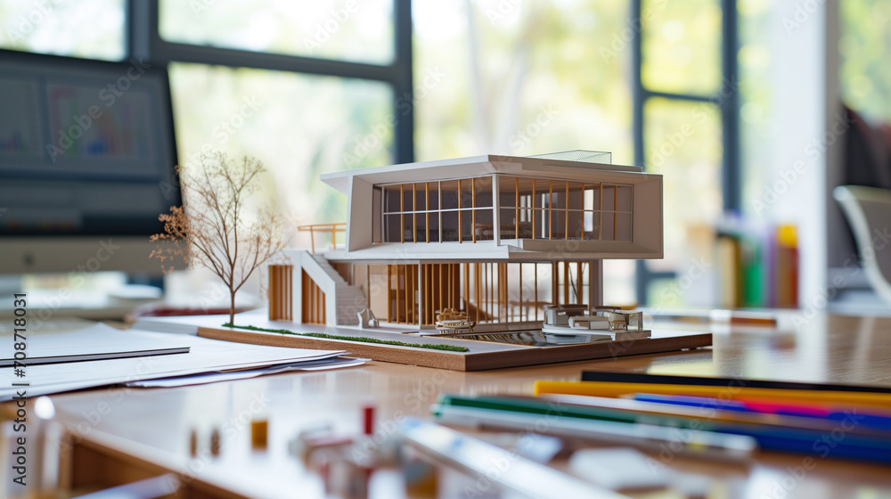 A model house standing on a desk, close up shot A model house standing on a desk, close up shot