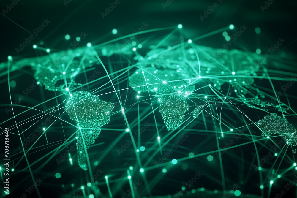 A world map with glowing dots, lines and connection. The world globe is colored in a futuristic green tint with crisp colors