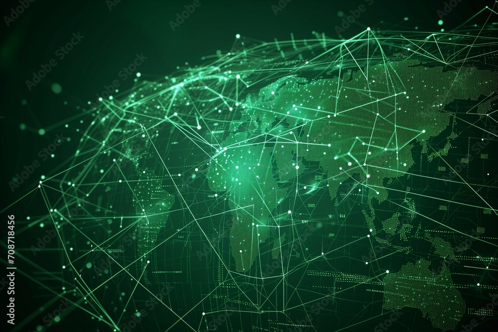 A zoomed out holographic world map with glowing dots, lines and connection. The world globe is colored in a futuristic green tint with crisp colors