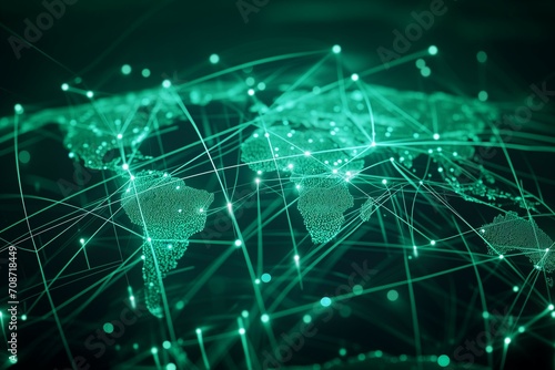 A world map with glowing dots, lines and connection. The world globe is colored in a futuristic green tint with crisp colors