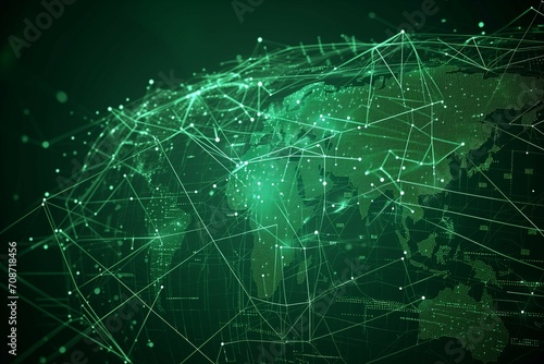 A zoomed out holographic world map with glowing dots, lines and connection. The world globe is colored in a futuristic green tint with crisp colors