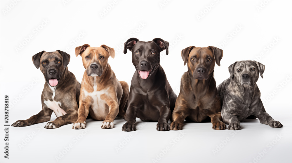 Studio Portrait of diverse dogs of different races on a white backdrop