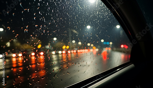 Driving through the rain, car lights illuminate city generated by AI