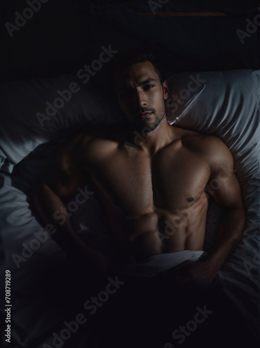 Man Lying in Bed Without Shirt, Relaxed and Comfortable. Generative AI. © theartofphoto