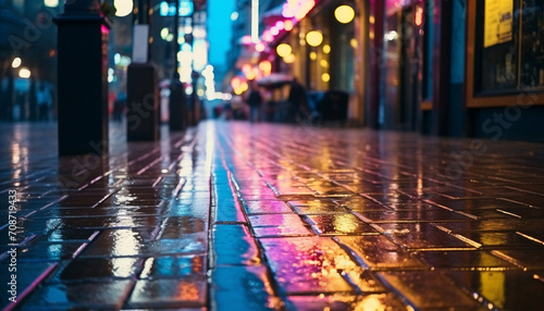 Raindrop reflections on city streets illuminate the night generated by AI