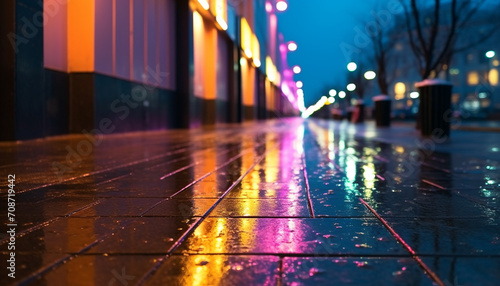 Rainy city streets illuminated by vibrant car lights generated by AI