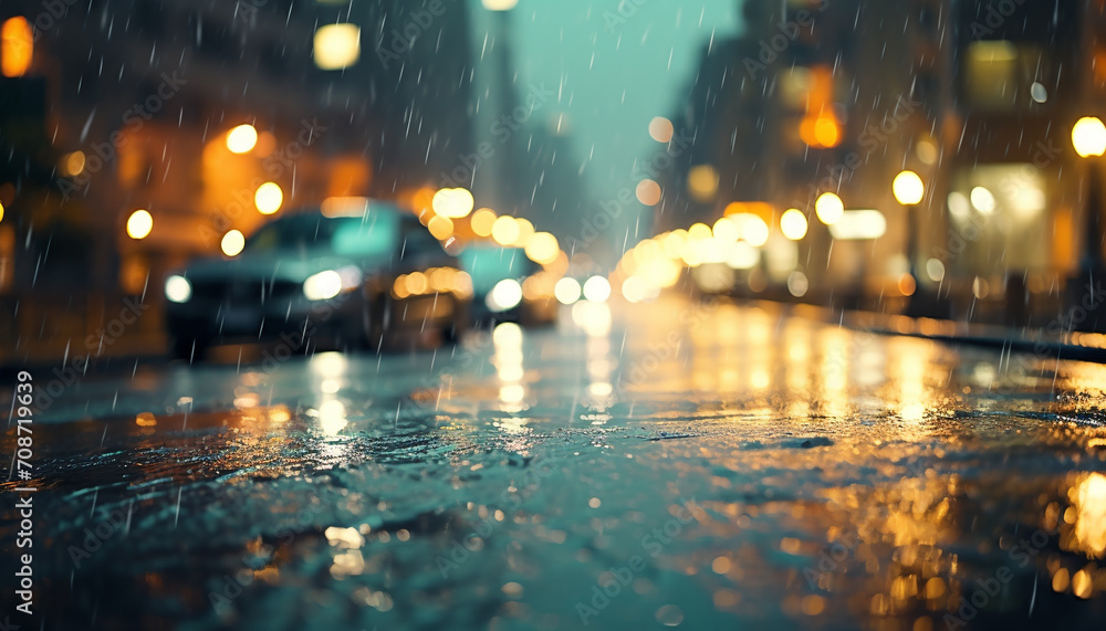 Rainy night, blurred car lights illuminate city streets generated by AI