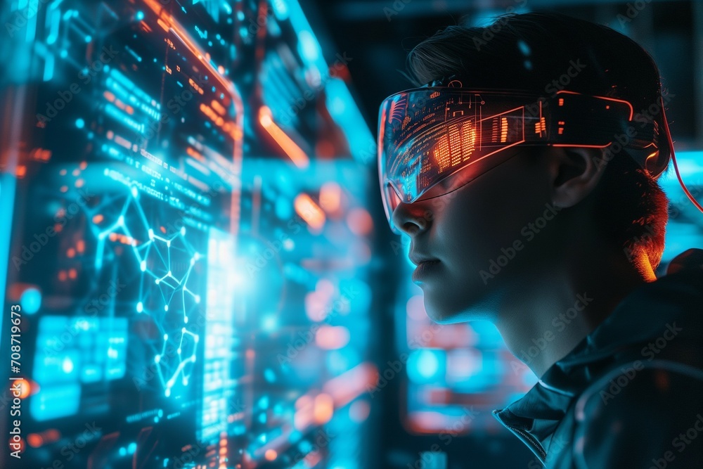 A computer scientist observing a dashboard through augmented goggles  - obrazy, fototapety, plakaty 
