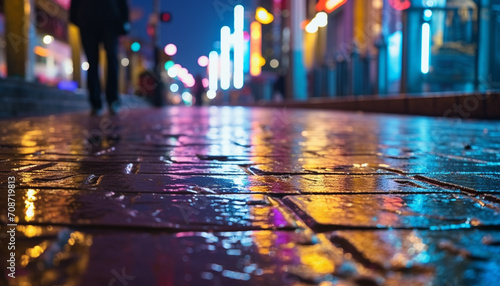Glowing city streets  wet with rain and motion generated by AI