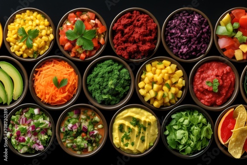 various dips organized in small bowls on a dark background
