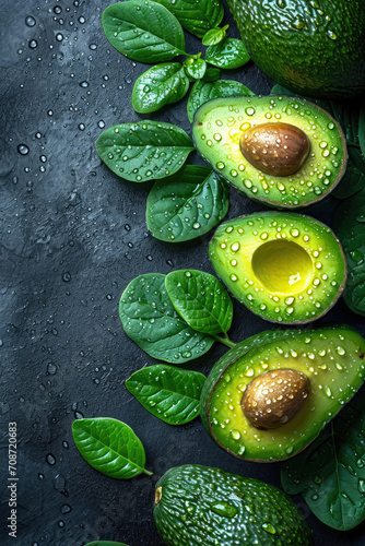 Avocados On Black Backdrop With Water Drops