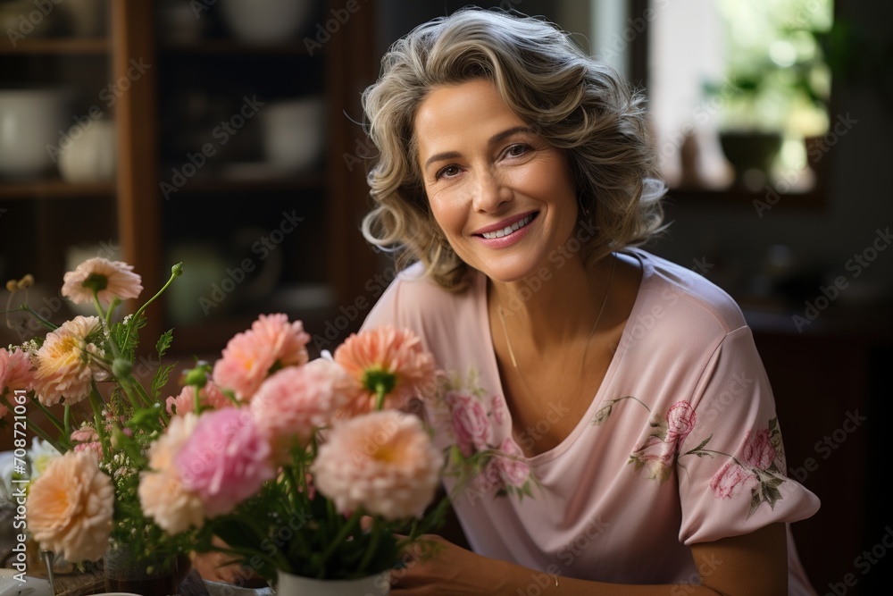 Portrait of a smiling middle-aged woman with flowers Portrait of a smiling middle-aged woman with flowers
