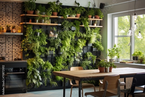 Cozy kitchen with vertical garden on the wall. Architecture  decor  eco concept