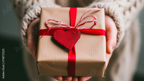 Person holding a wrapped gift box adorned with a red ribbon and a heart-shaped decoration