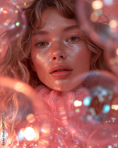 Closeup portrait of stunning pretty woman surround by pink soft soap bubbles. Fashion surreal Concept. 