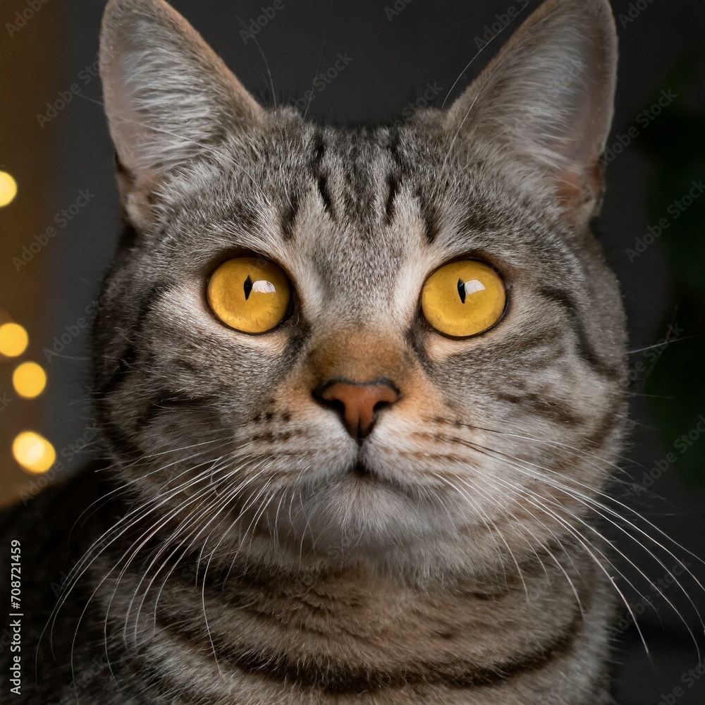 Closeup of tabby cat with yellow eyes