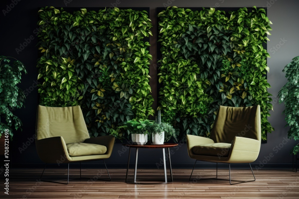 Lounge interior with two comfortable armchair. Vertical garden - wall design of green plants. Architecture, decor, eco concept