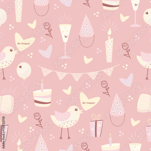 Cute birthday seamless pattern in scandinavian style, festive kawaii background in light pink and yellow colors