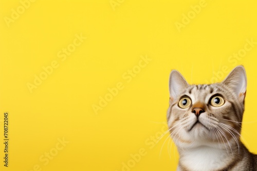 Curious tabby cat with wide eyes against vibrant yellow background. Animal portrait and humor. © Postproduction