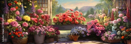 Beautiful colorful variety of spring and summer flowers in pots on the patio, banner #708722091