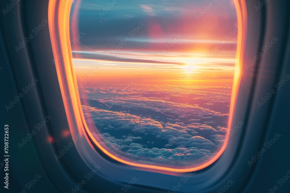an airplane window at sunset, in the style of aesthetic, light orange and light blue, an airplane window at sunset, in the style of aesthetic, light orange and light blue,