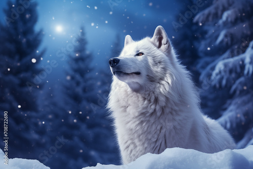 White Wolf in Cold Snow Winter Background Snowing and Snowy Majestic Nature and Wild Animals Pristine Landscape generative ai