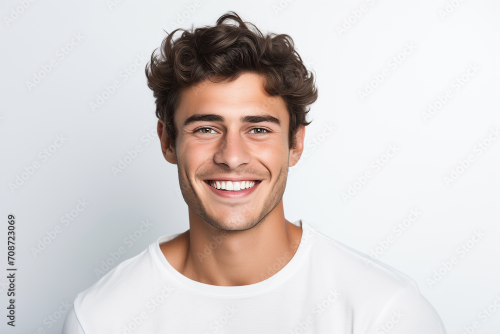 A photo portrait of a beautiful man over 20 years old, smiling with clean teeth, perfect teeth. To advertise dentistry. Highlighted on a white background A photo portrait of a beautiful man over 20 years old, smiling with clean teeth, perfect teeth. To advertise dentistry. Highlighted on a white background