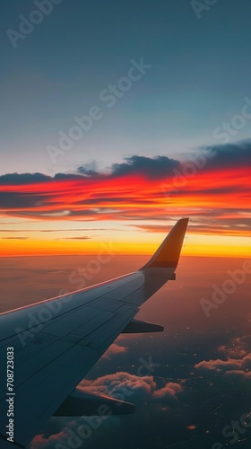 a plane wing over the sky at sunrise, in the style of afro-colombian themes, yellow and red