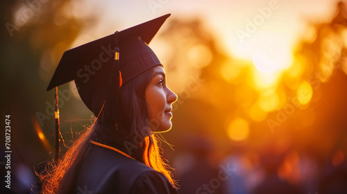 Graduation day, back view of Asian woman with graduation cap and coat holding diploma, success concept photo