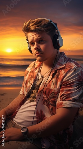 Caucasian man with headphones on the beach at sunset