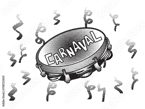  Carnaval over black and white halftone tambourine. Brazilian popular festival. Vector illustration isolated on transparent background